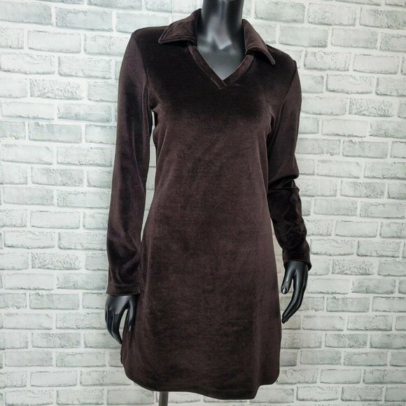 Vintage 90s Limited America XS Brown Velour Long Sleeve Collared Mini Aline Dres - Picture 1 of 8